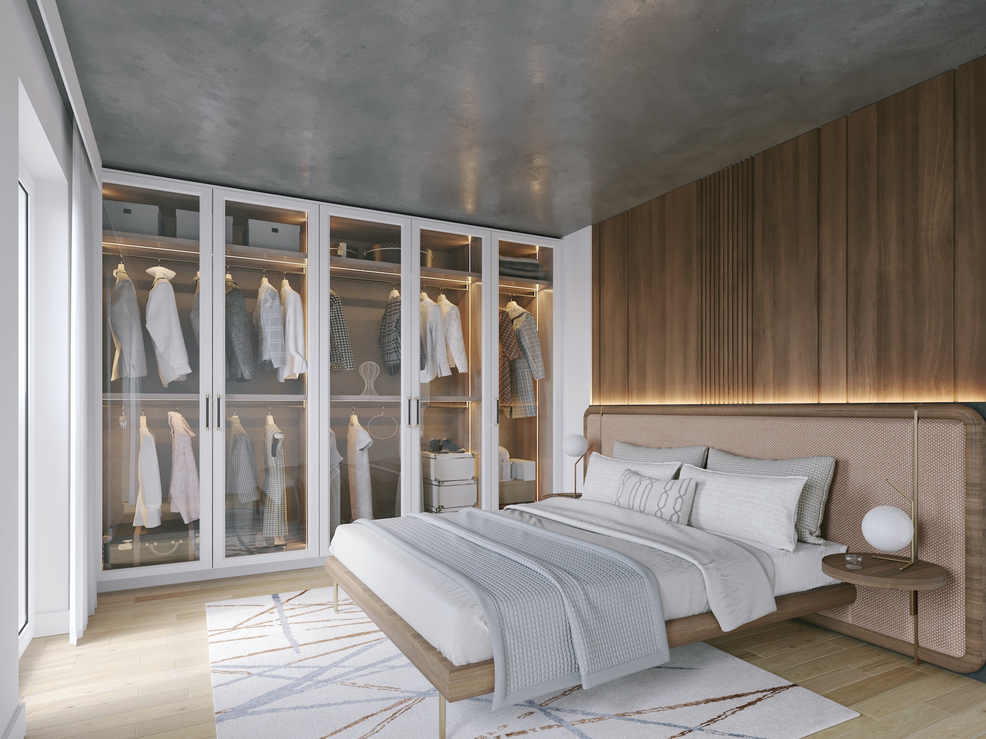 a bedroom with a white mattress and closet nearby
